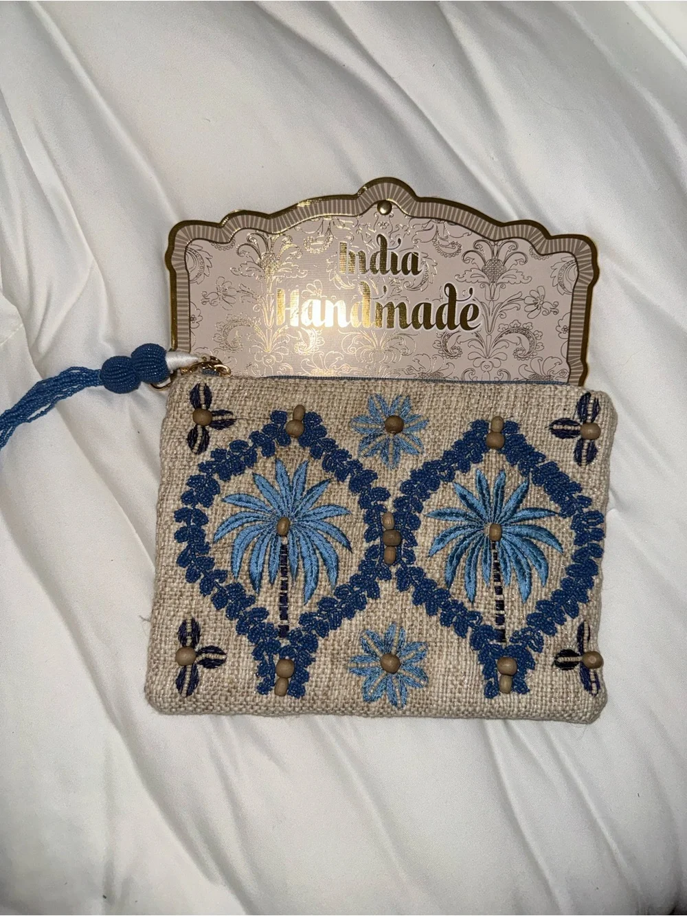 Blue Palm Tree Beaded Zipper Pouch Handmade in India New with Tags